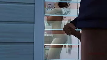 play De sims 4, een kinky gastheer die een vrouw bespioneert die aan het douchen is door middel van verborgen camera's
